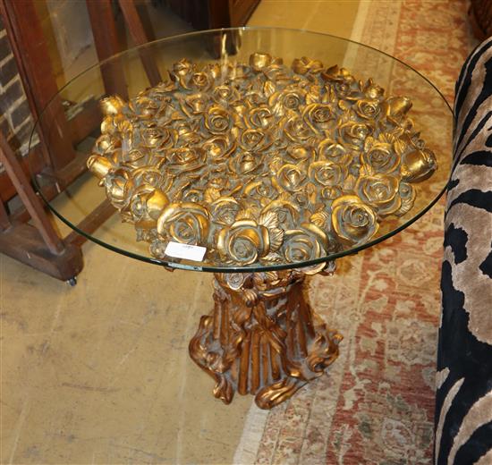 A pair of decorative gilt carved rose base tables with glass tops, width 70cm, depth 70cm, height 60cm